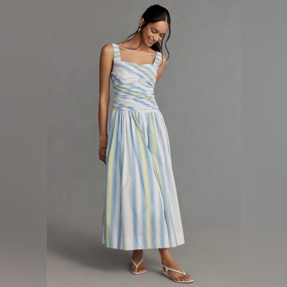 By Anthropologie Square-Neck Drop-Waist Striped Maxi Dress